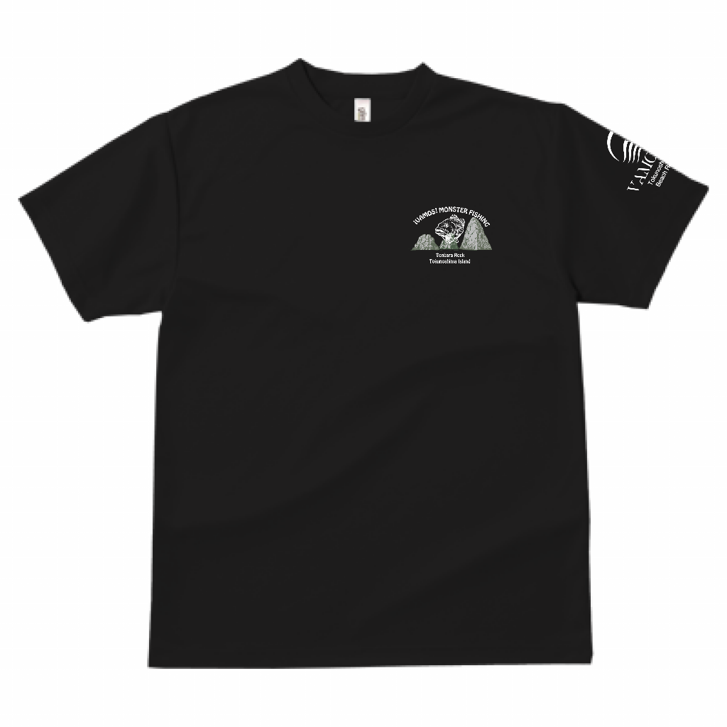 SEAFIELD HUNTING × VAMOS VILLA × MONSTER FISHING DRY TEE 表面（ブラック×ホワイトロゴ）
